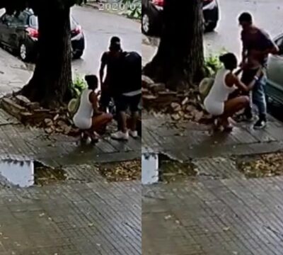 Cámara captó a esta puta con vestido blanco chupando en la calle