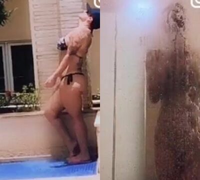 Hermosa mujer tomando el sol y luego tomar una ducha para tener relaciones sexuales
