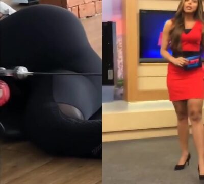 Sexy presentadora de TV en el gimnasio