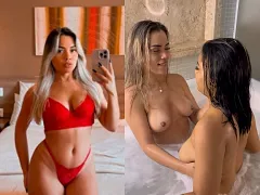 Rubia practicando sexo lésbico en la bañera con una misteriosa morena