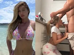 Mujer haciendo una mamada caliente y bebiendo leche