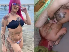 Mujer haciendo mamadas y liberando su coño regordete a cuatro patas
