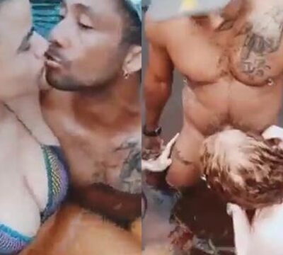 Hombre con dos mujeres en el río chupándole la polla