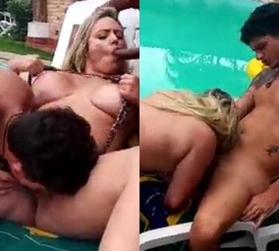 Mujer teniendo sexo con dos hombres en la piscina