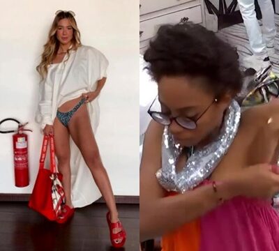 Mujeres guapas cambiándose de ropa y pagando por pechos