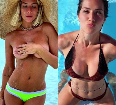 Preciosa modelo sensualizándose sin el sujetador del bikini