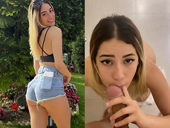 La joven chupando la polla mirando hacia arriba con cara de diablilla