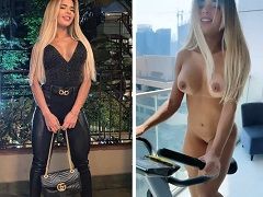 Mujer entrenando desnuda en la bici