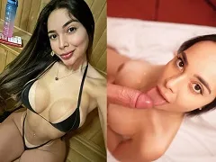 Haciendo una deliciosa mamada hasta que le cae leche en sus grandes tetas