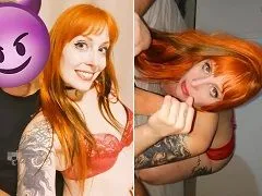 Pelirroja traviesa haciendo una deliciosa mamada al cliente
