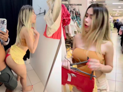 Casal de enflucer transando dentro de provador de loja