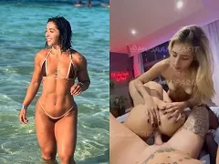 Influencer fitnes haciendo menage casero con marido y amiga rubia buenorra